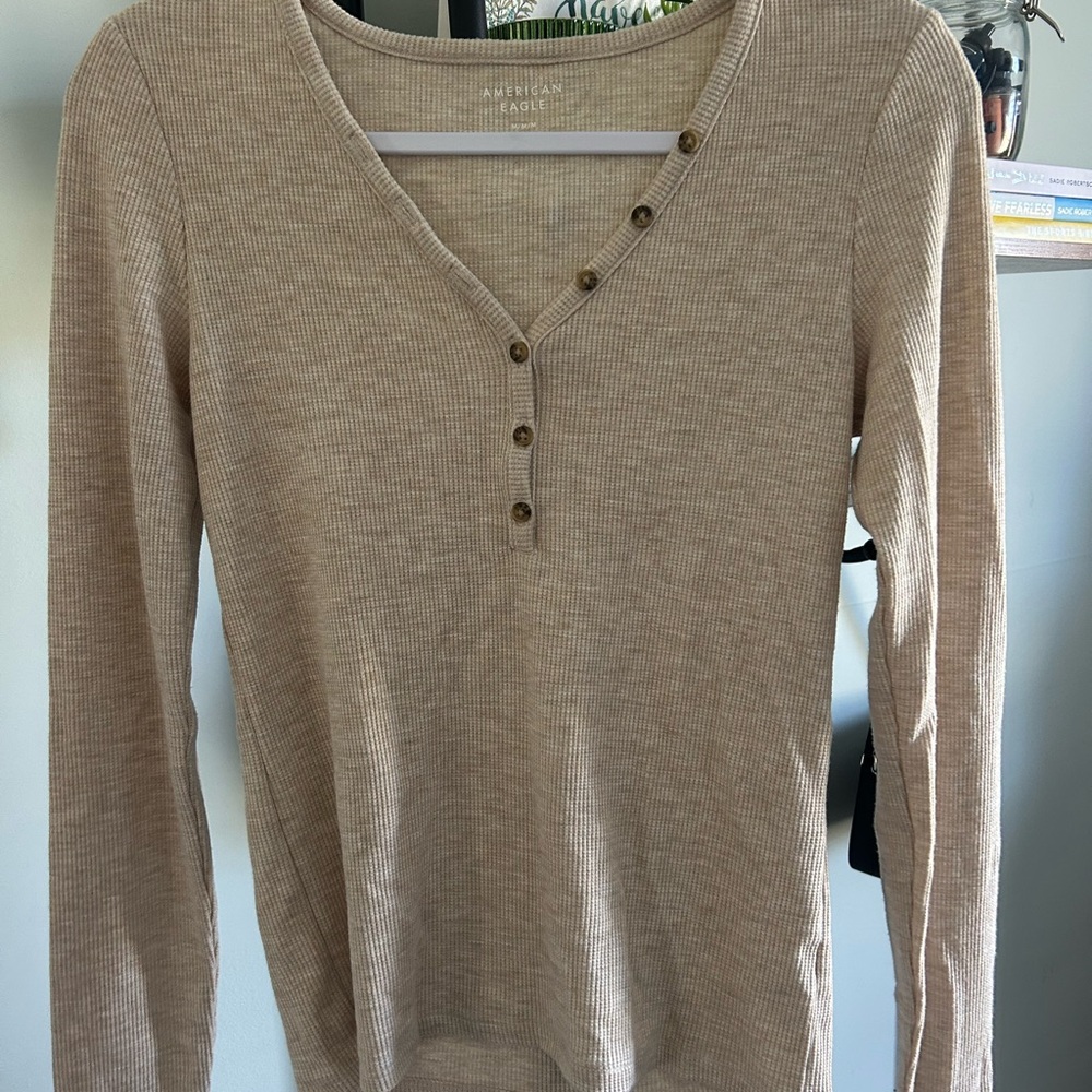 American Eagle Outfitters Tan Fitted Polo Long Sleeve Top